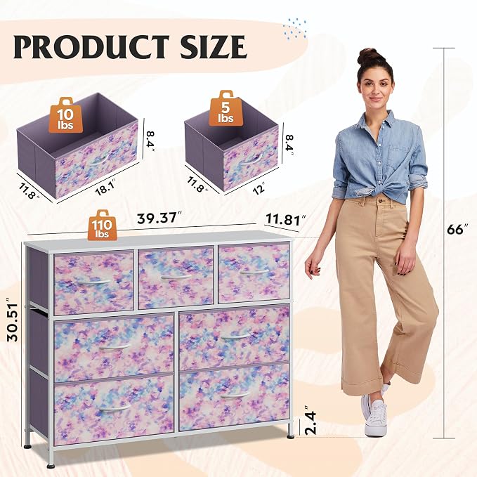 WLIVE Dresser for Bedroom, 7 Drawers, TV Stand, Tie-Dye | 7 roomy fabric drawers - Image 3