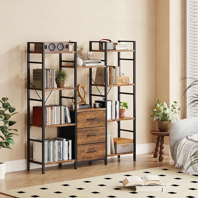 AFLUI Triple Bookshelf with 3 Fabric Drawers, 4-Tier Book Shelf and 10 Display - Image 2