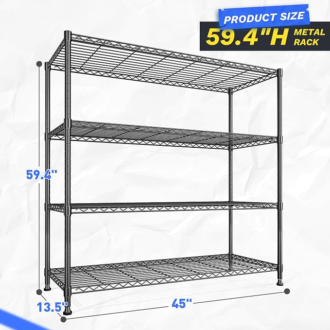 45 "W Metal Shelving Unit 4 Tier Storage Shelves Adjustable Wire Shelving Metal - Image 3