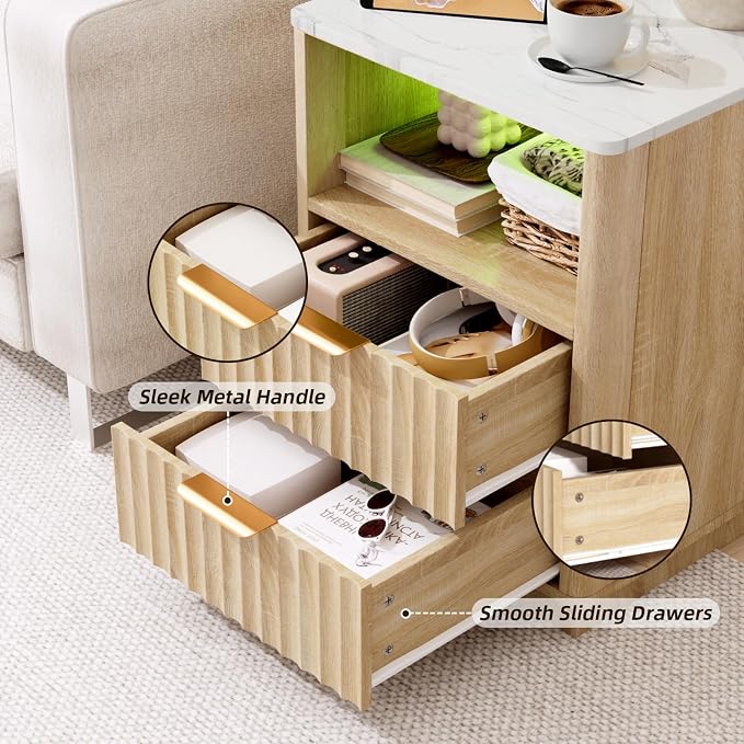 VOWNER Fluted Nightstand with Charging Station, 18” Night Stand with 2 Drawers - Image 6