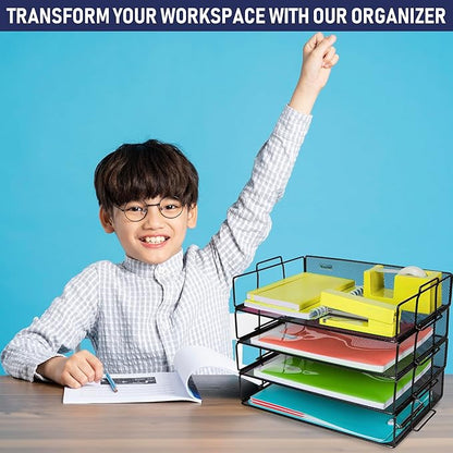 Stackable Paper Tray Desk Organizer, 4-Tier Metal Mesh Letter Organizers - Image 7