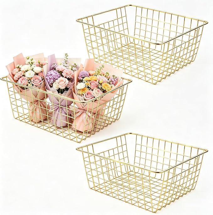 3 Pack Large Gold Wire Baskets for Organizing, Wire Storage Basket Metal by Unknown