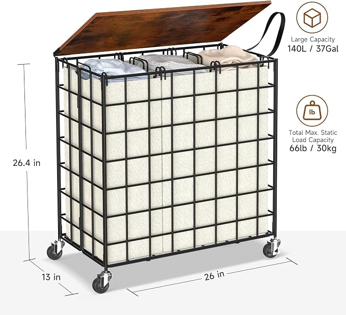 Laundry Basket with Wheels, Heavy Duty Laundry Sorter 3 Sections, 140L Large - Image 3
