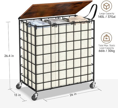Laundry Basket with Wheels, Heavy Duty Laundry Sorter 3 Sections, 140L Large - Image 3