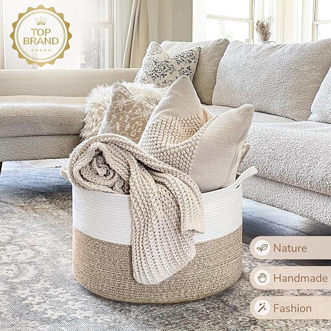 INDRESSME Large Laundry Basket, 21.7'' x 13.8'' Cotton Rope Blanket Basket - Image 7