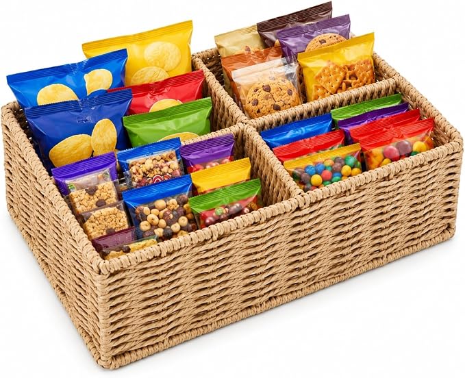 Paper Rope Woven Snack Organizer Basket, 4 Compartment Countertop Storage Bin by Unknown