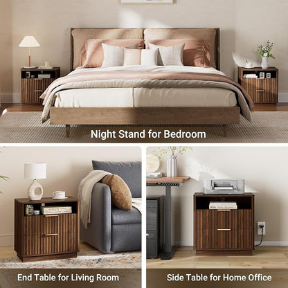 Large Fluted Night Stand with Charging Station, 2 Drawers End Table with Storage - Image 6