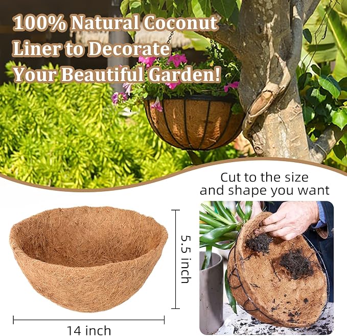 4 Pack 14 Inch Hanging Basket Coco Liners Replacement, 100% Natural Round - Image 2