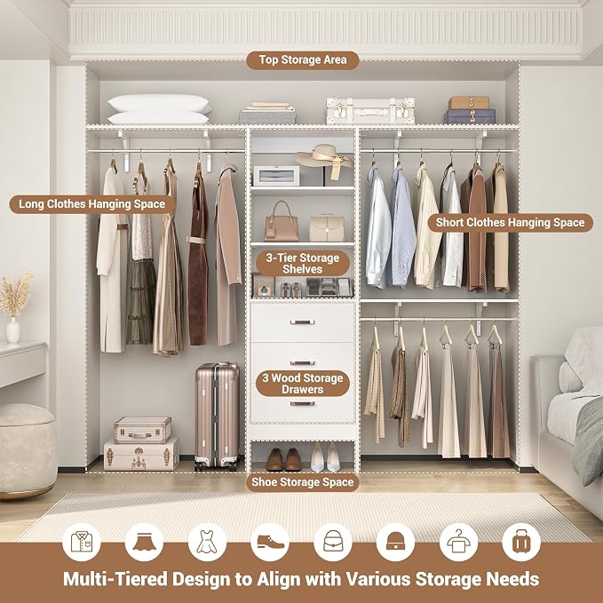 Besiost Closet System with Drawer - 8FT Wood Closet Organizer System with 3 - Image 7