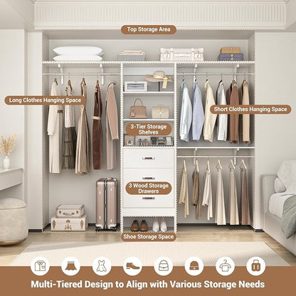 Besiost Closet System with Drawer - 8FT Wood Closet Organizer System with 3 - Image 7