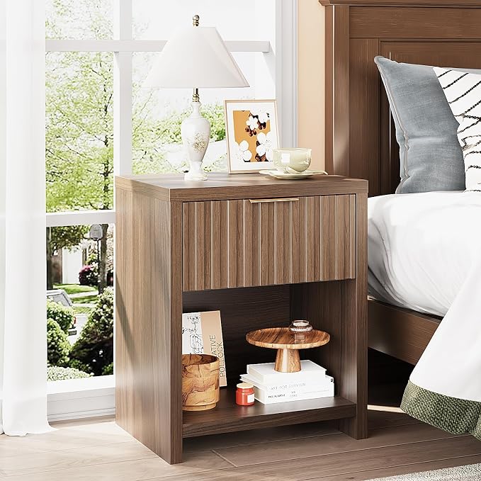VINGLI Fluted Nightstand, Bedside Table, End Tables in Bedroom, Wood Side Table by VINGLI