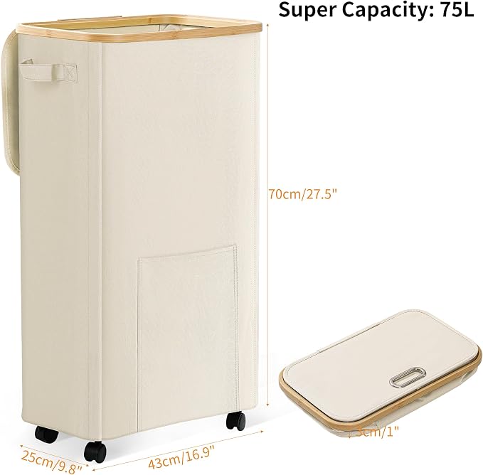 Laundry Basket with Wheels, Dirty Clothes Hamper on Wheels, Rolling Tall - Image 2