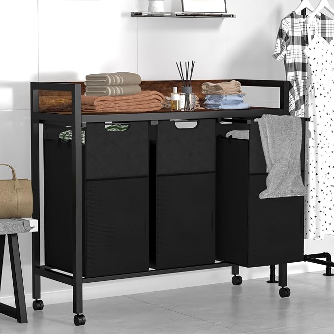 Laundry Sorter 3 Section, 360°Rolling Laundry Basket, 3 Pull-Out and Removable - Image 2