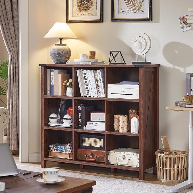9 Cube Bookcase, Farmhouse 47 Inch Wide Brown Walnut Bookshelf, Wooden 3 Tier - Image 2