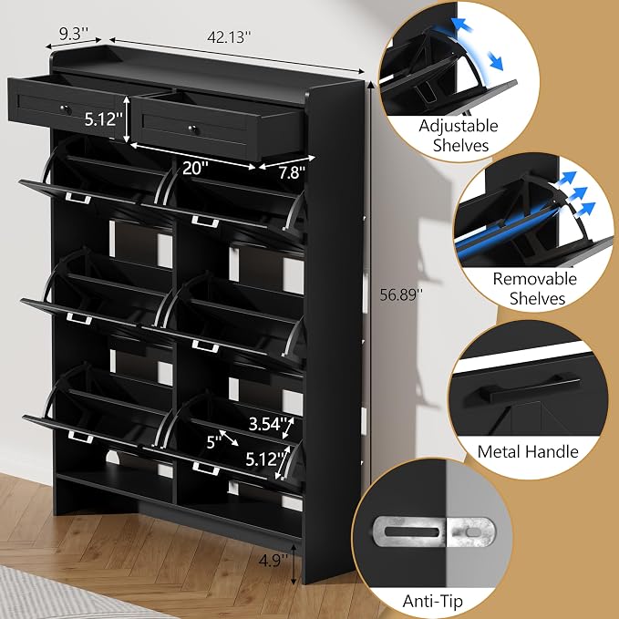 Thacuok Shoe Cabinet with 6 Flip Drawers & 2 Storage Drawers, Rustic Farmhouse - Image 6