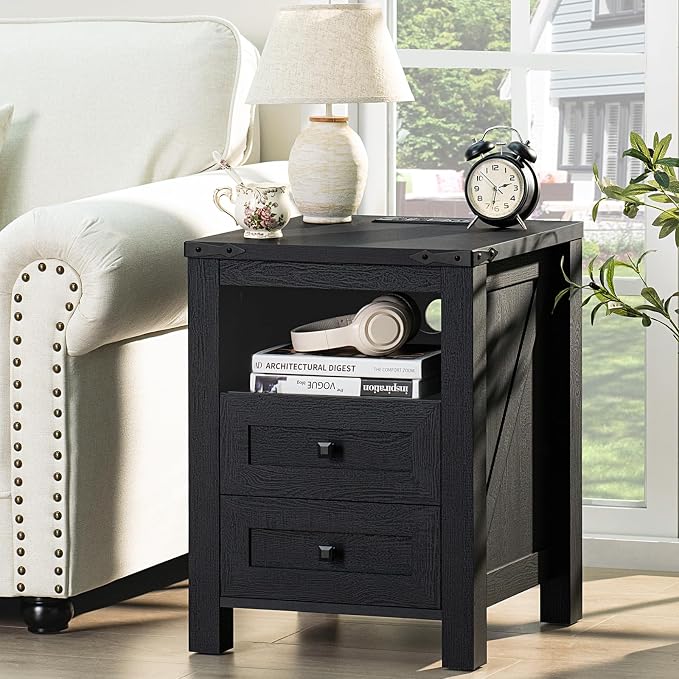 Nightstand with Charging Station, Farmhouse Night Stand with 2 Drawers and - Image 3
