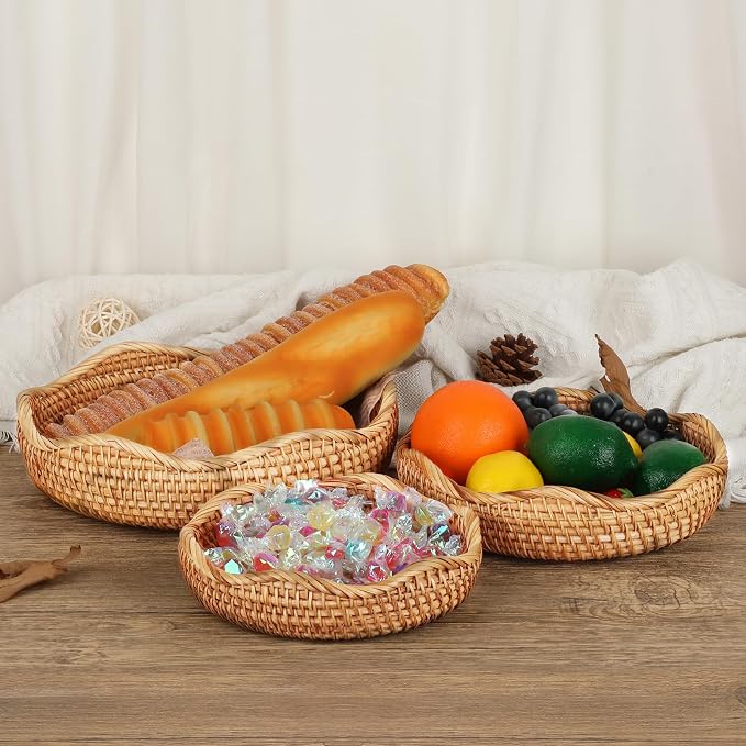 Hipiwe Natural Rattan Tray Wicker Storage Bowls Hand Woven Basket Tray - Image 5