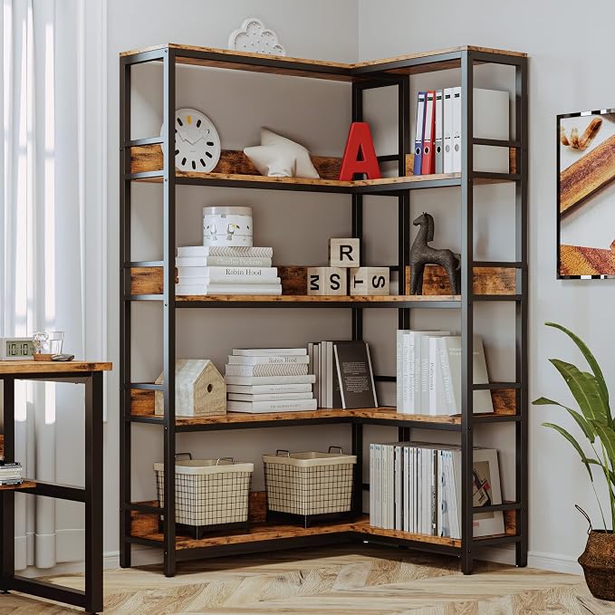 IRONCK Corner Bookshelf 5 Tiers, Industrial Corner Bookcase - Image 2