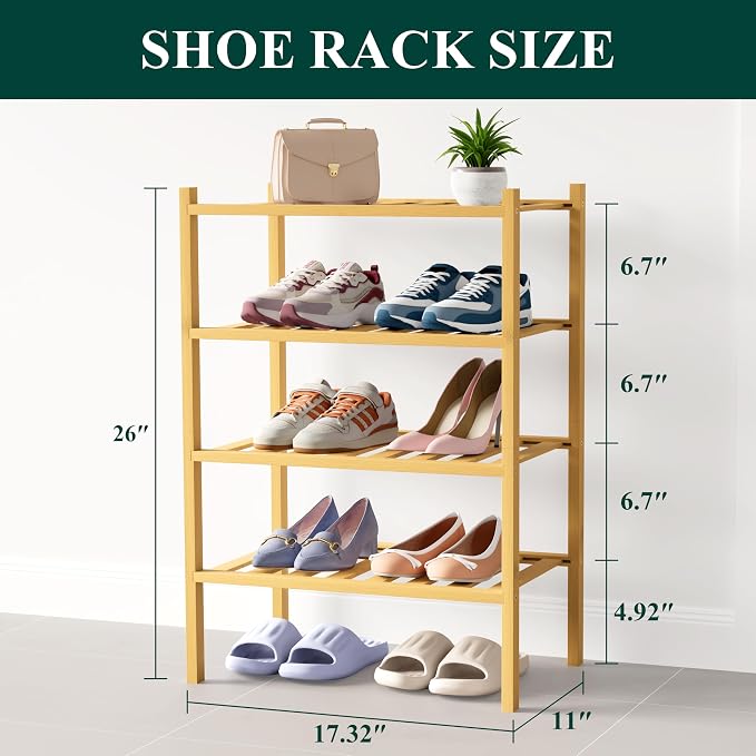 Smiry Bamboo Shoe Rack for Closet, 4 Tier Small Wooden Stackable Shoe Organizer - Image 2
