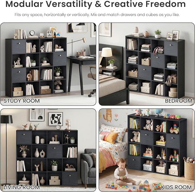 Black Cube Storage Organizer, 16 Open Cubes Bookshelf - Image 4