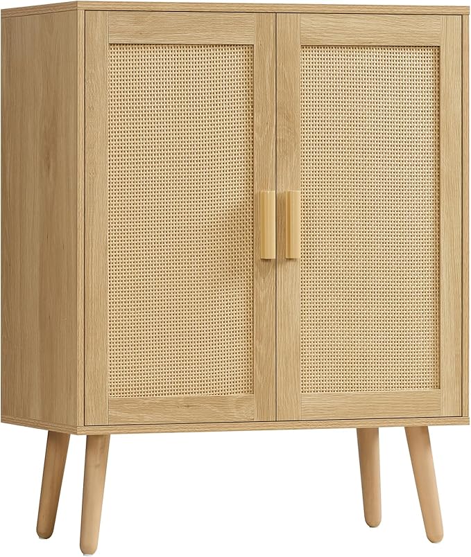 Iwell Storage Cabinet with 2 Shelves, Rattan Cabinet with 2 Doors, Sideboard by IWELL