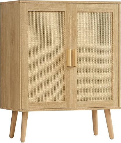Iwell Storage Cabinet with 2 Shelves, Rattan Cabinet with 2 Doors, Sideboard by IWELL