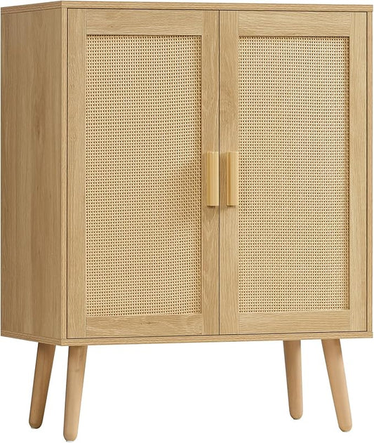 Iwell Storage Cabinet with 2 Shelves, Rattan Cabinet with 2 Doors, Sideboard by IWELL
