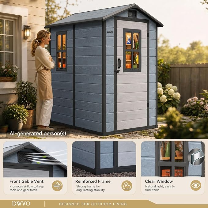 DWVO Outdoor Storage Shed 4.4×6FT, Plastic Garden Resin Shed - Image 2