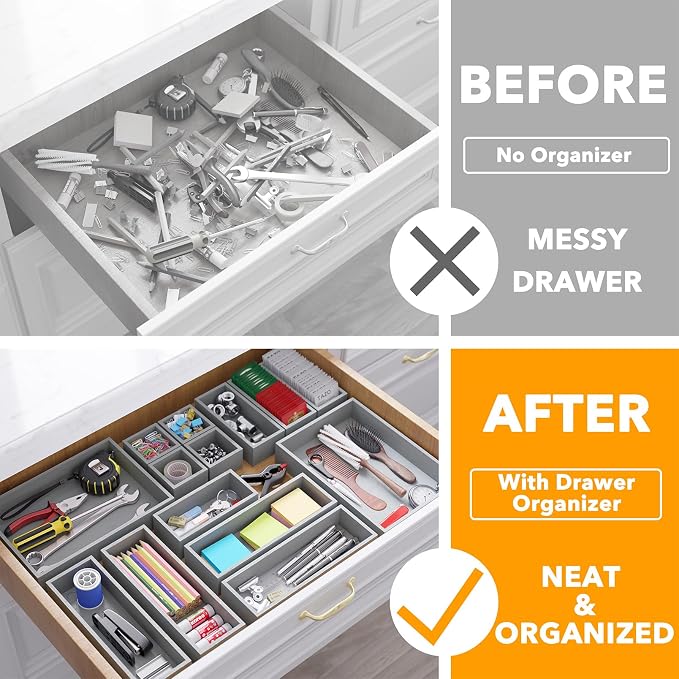 SpaceAid 14-Piece Bamboo Drawer Organizer Storage Boxes Set, Wood Tray Junk - Image 2
