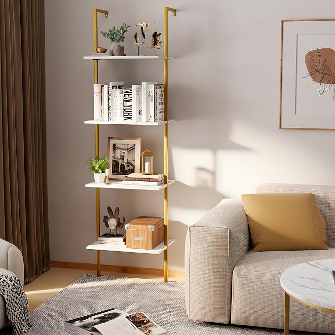Ladder Shelf 4 Tiers Metal Industrial Bookshelf, Wall Mount Wide Book Case - Image 4