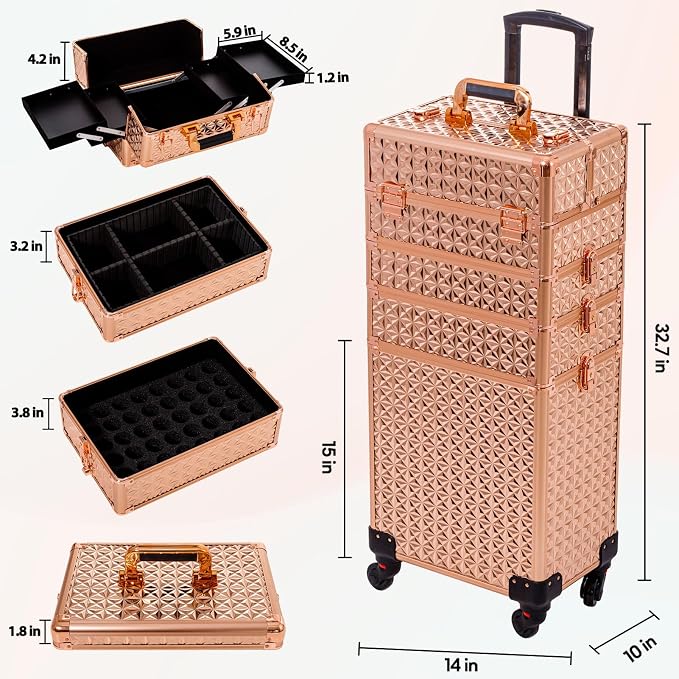 AROUS 5 in 1 Rolling Makeup Train Case Cosmetology Case on Wheels Large - Image 5