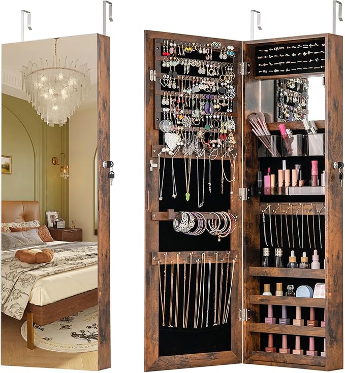 CHARMAID Jewelry Cabinet Wall or Door Mounted, Hanging Lockable Jewelry Armoire by CHARMAID