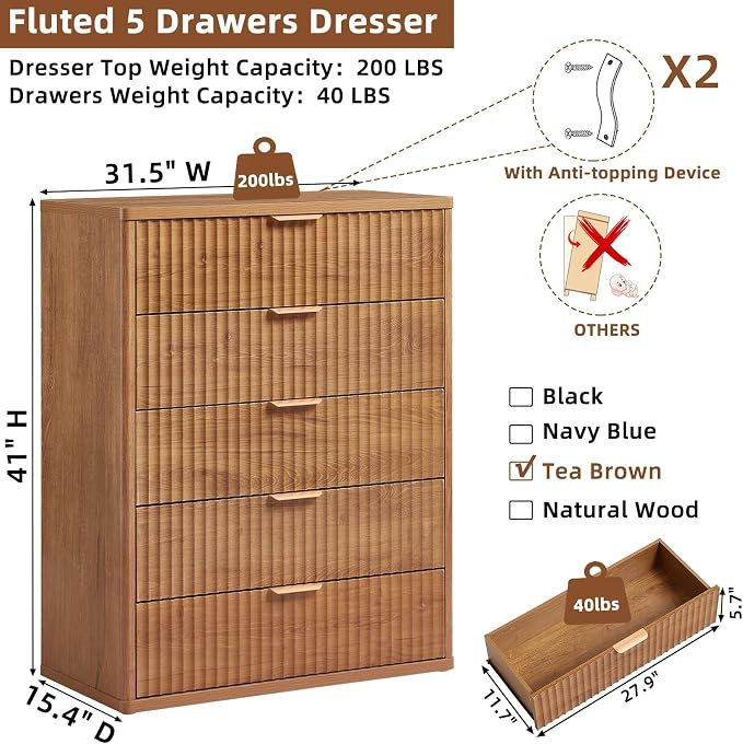 LEYAOYAO Fluted 5 Drawers Dresser - Image 2