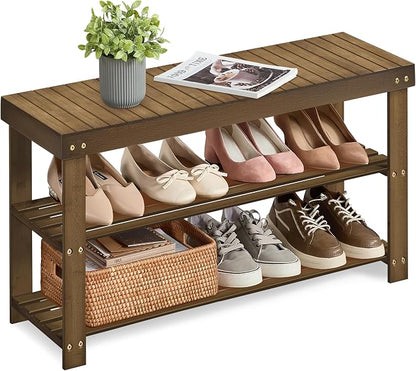 SONGMICS Shoe Rack Bench, 3-Tier Bamboo Shoe Storage Organizer, Entryway Bench by Unknown