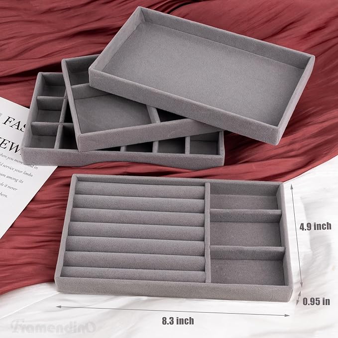 Framendino, 4 Pack Grey Velvet Jewelry Trays Stackable Organizer Drawer Inserts - Image 2