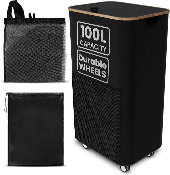 Laundry Basket with Wheels and Handle - 100L Bamboo-Fabric Laundry Hamper with by Unknown