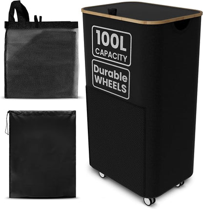 Laundry Basket with Wheels and Handle - 100L Bamboo-Fabric Laundry Hamper with by Unknown