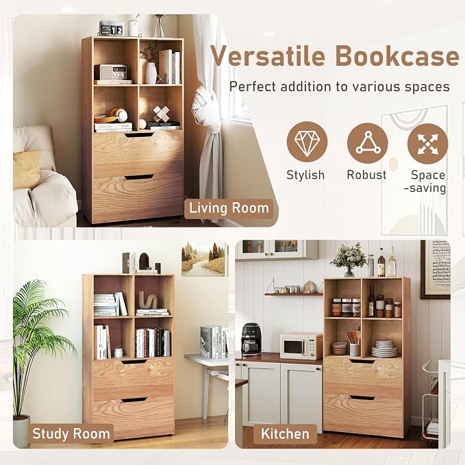 Giantex Bookshelf with 4 Cubes & 2 Drawers, 51” Tall Floor Bookcase with - Image 8