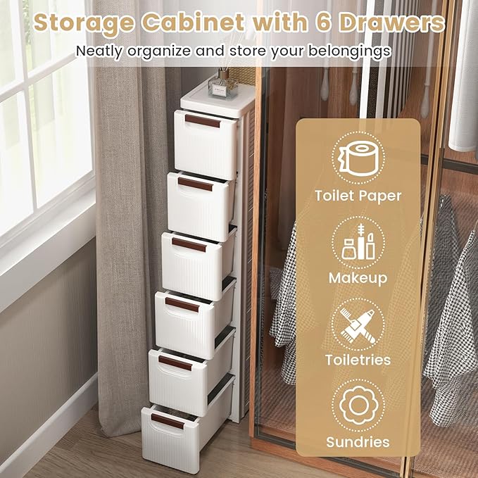 6-Drawer Narrow Storage Cabinet, Slim Rolling Cart | Mobile Plastic Cart - Image 7