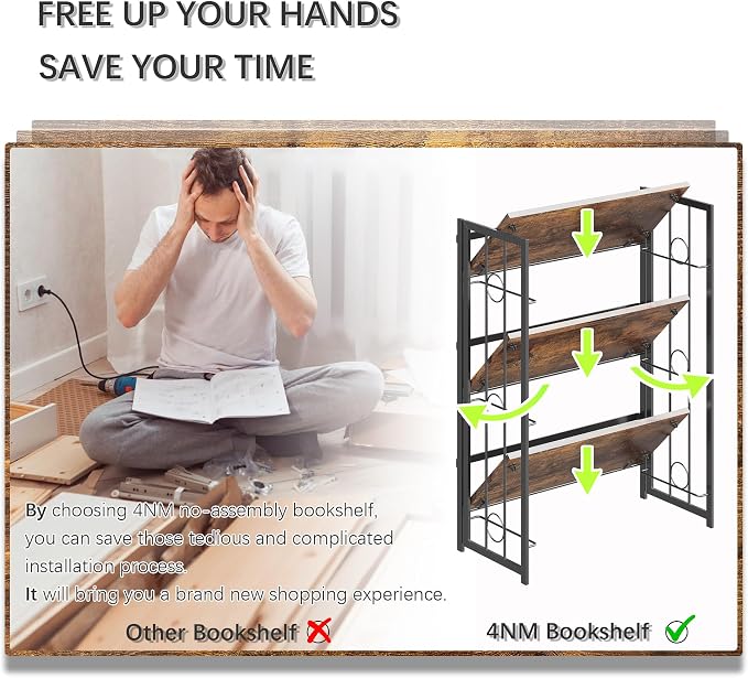 4NM No Assembly 3 Tiers Folding Bookshelf - Image 6
