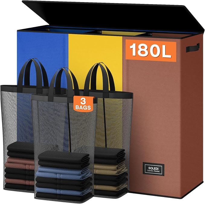 SOLEDI 180L Laundry Hamper 3 Section, Extra Large Laundry Hamper by SOLEDI