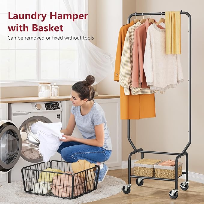 Tajsoon Laundry Cart with Hanging Rack, Metal Laundry Basket with Wheels - Image 2