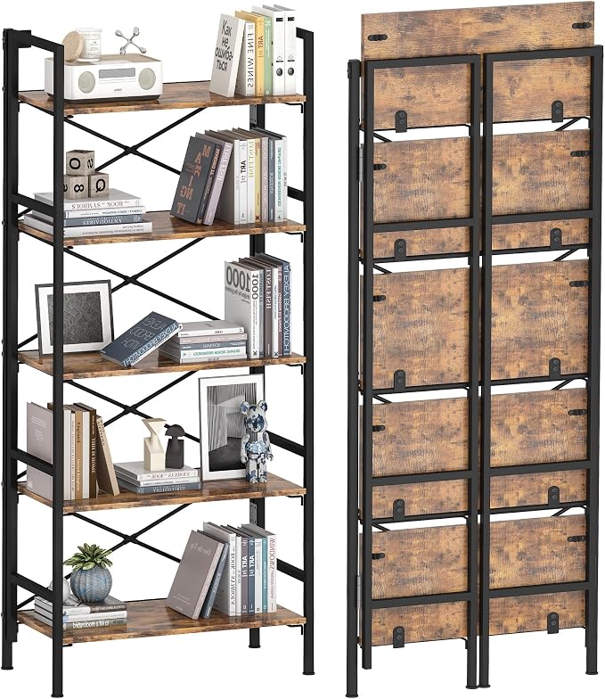 Folding Bookshelf, 5 Tier Bookcase Foldable Shelf by Homeiju