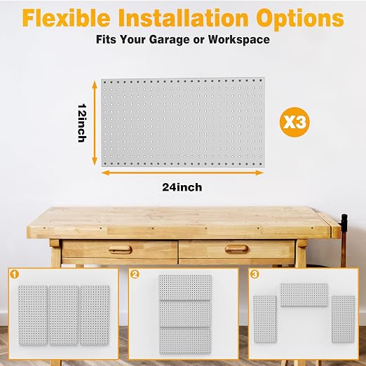 Pegboard Smith Metal Pegboard Panels 12" x 24", 3 Pack Grey Wall Mounted Tool - Image 7