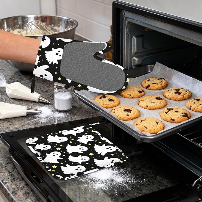 Halloween Ghosts Heat-Resistant Silicone Oven Mitts and Pot Holders, Long Oven - Image 4