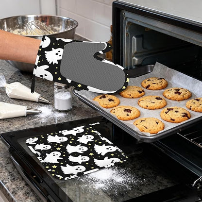 Halloween Ghosts Heat-Resistant Silicone Oven Mitts and Pot Holders, Long Oven - Image 4