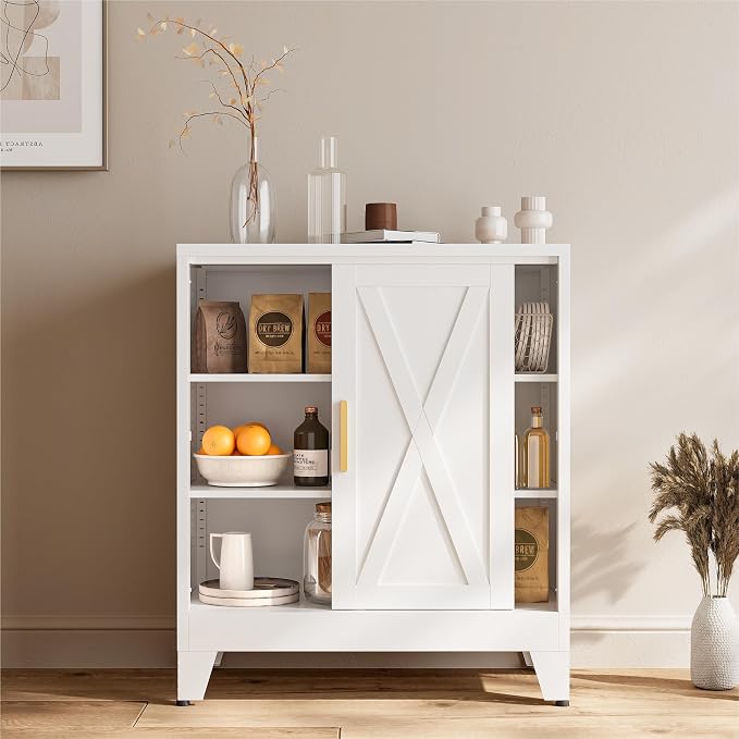 COFaR White 37" H Sliding Door Storage Cabinet, Half Open Half Closed Design by COFAR
