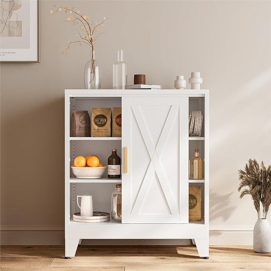 COFaR White 37" H Sliding Door Storage Cabinet, Half Open Half Closed Design by COFAR