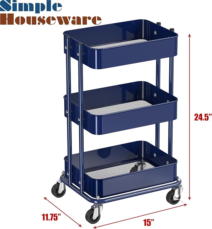 Simple Houseware 3-Tier Compact Utility Rolling Cart, Low 24” Height Fits Under - Image 3