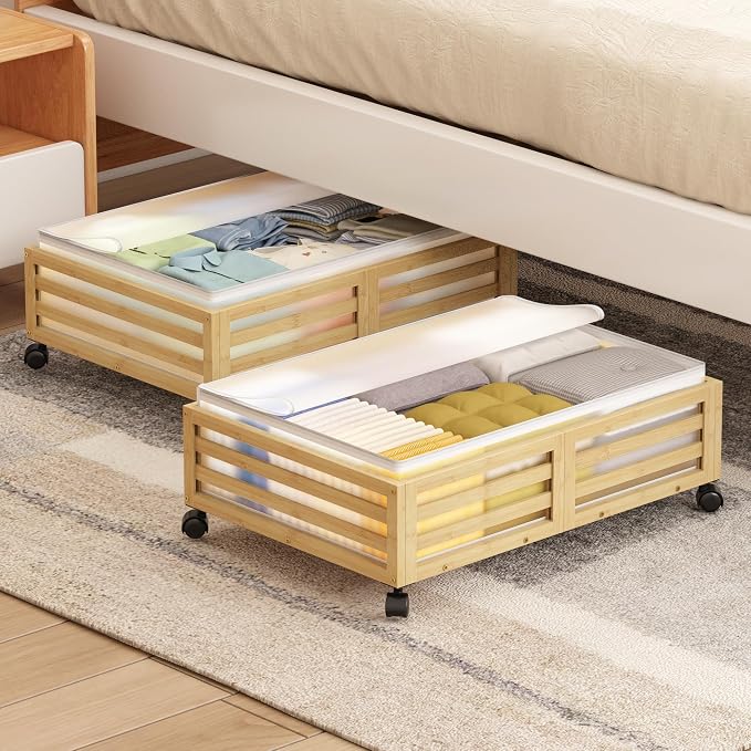 Under Bed Storage with Wheels-Large Bamboo Underbed storage Containers with - Image 2
